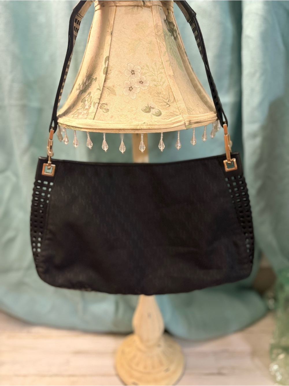 Vintage Bottega Veneta Black Canvas Monogram Leather Hobo Bag Pristine